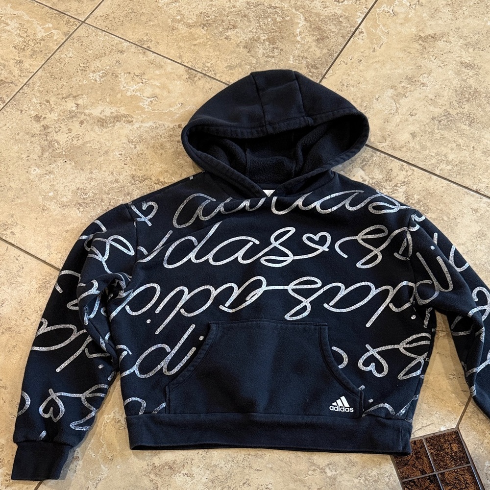 Adidas Black Hoodie with Silver Script Print size Medium